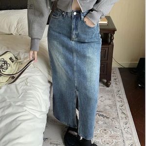 Y2K Sz_S Front Slit Mid Blue High Waist Denim Skirt, Slash Pockets Elegant